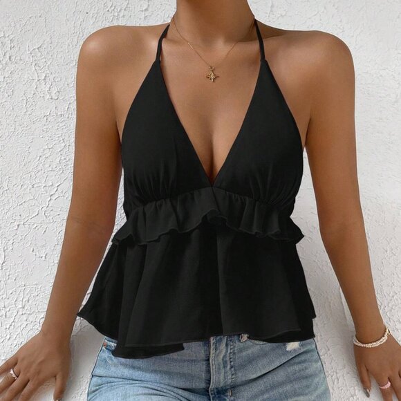 Tie Backless Ruffle Hem Halter Top - Picture 5 of 9